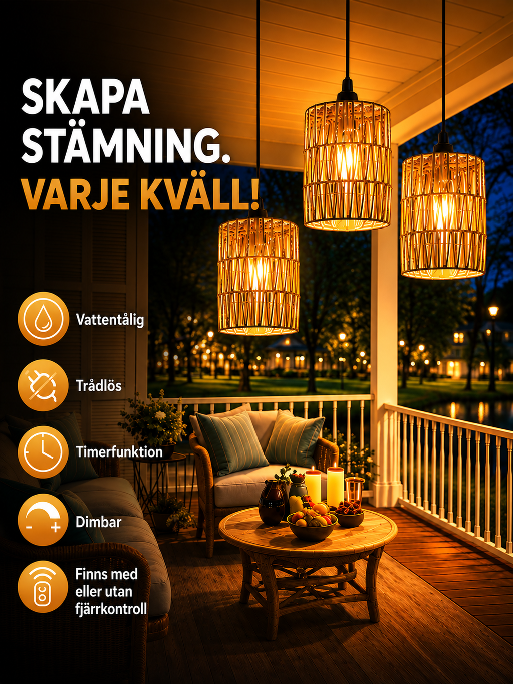 Hängande batteridriven lampa i bambu