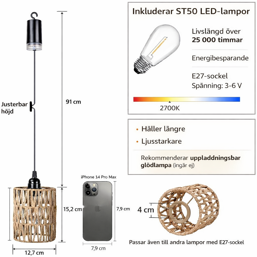 Hängande batteridriven lampa i bambu