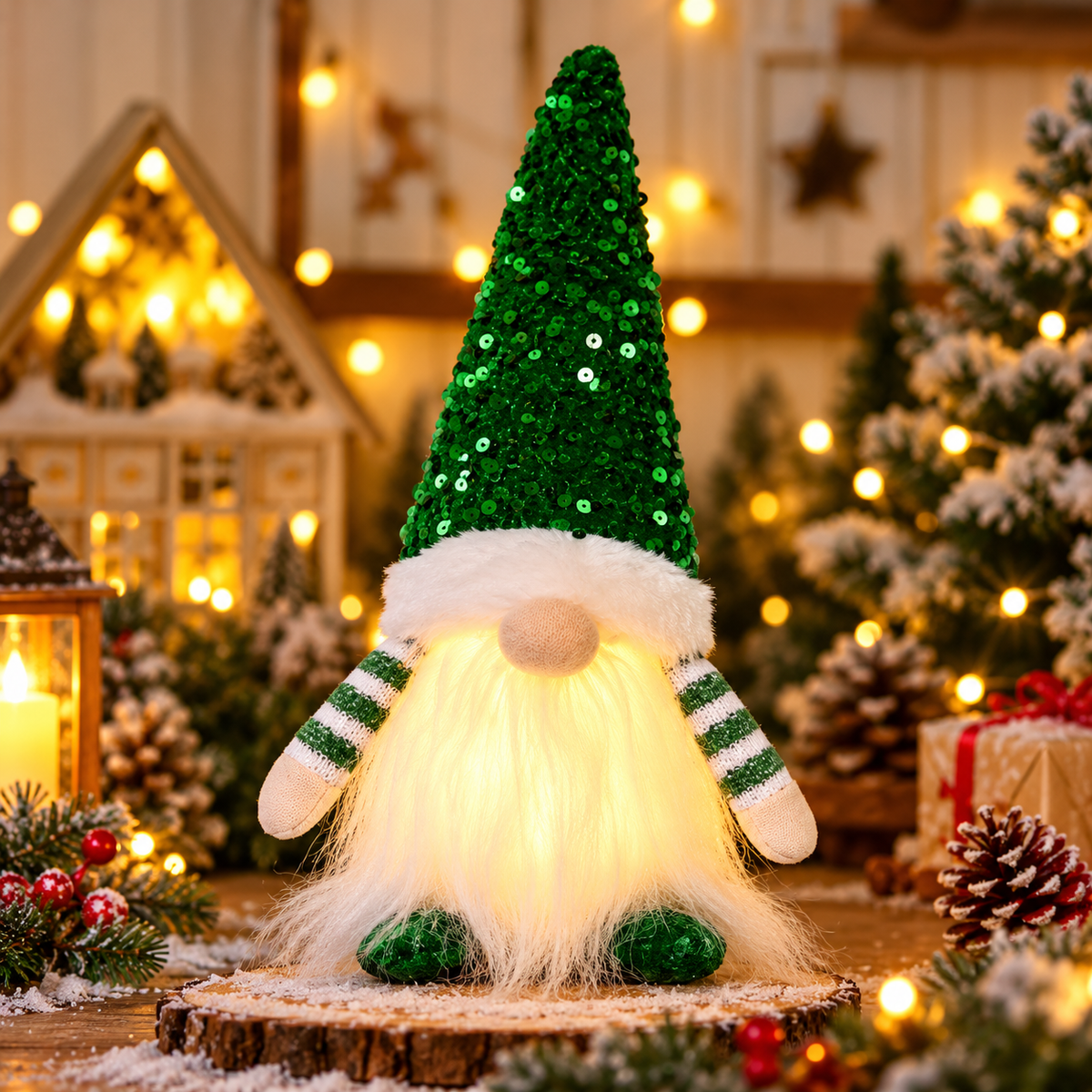 Lysande julnisse med paljettmössa