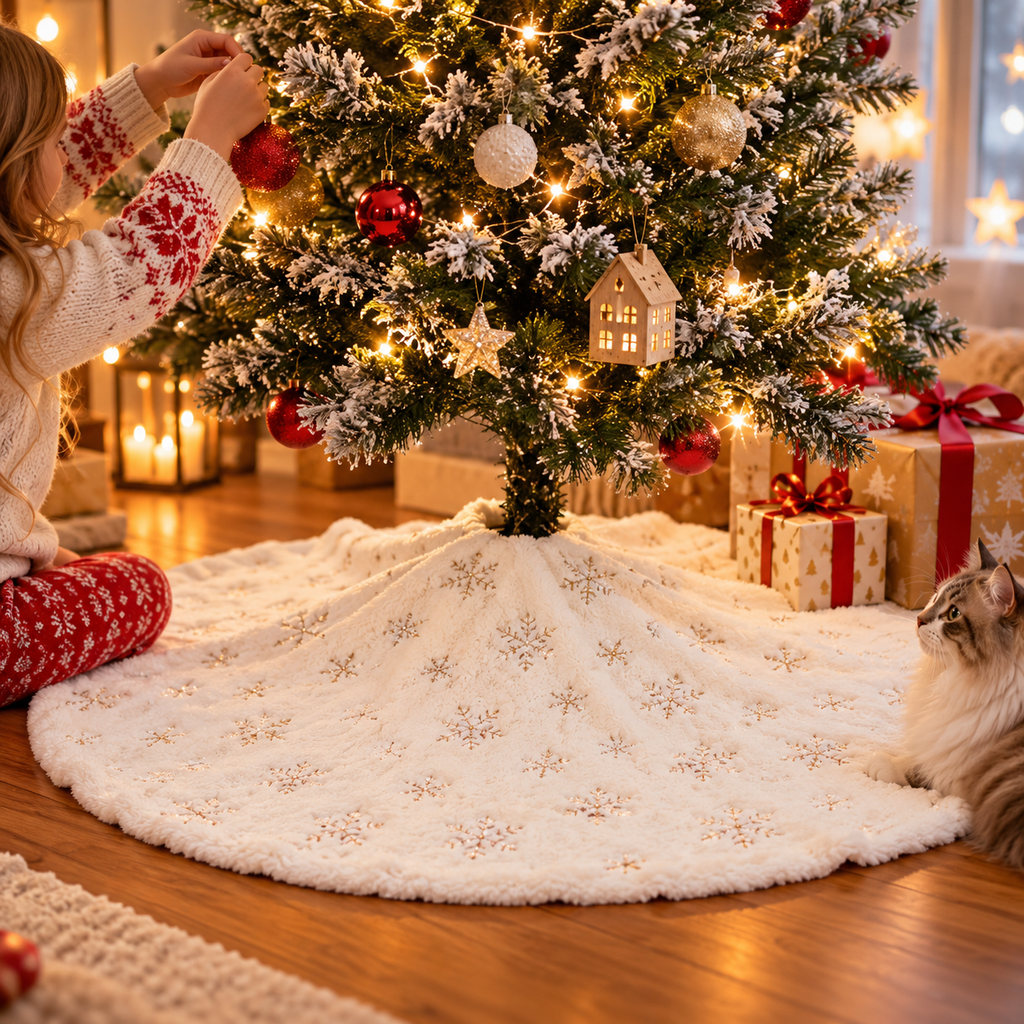 Julgransmatta i vit fuskpäls med glittrande paljetter