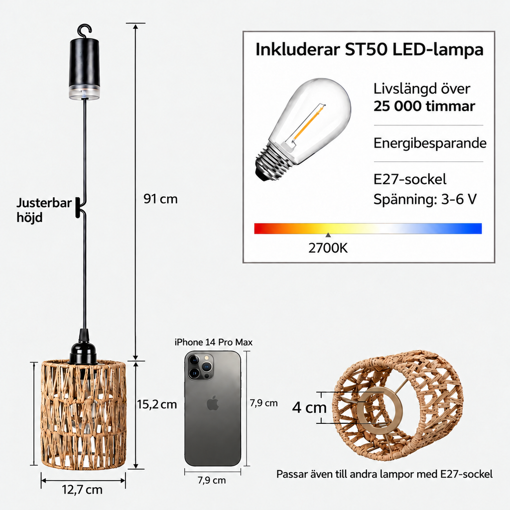 Hängande batteridriven lampa i bambu