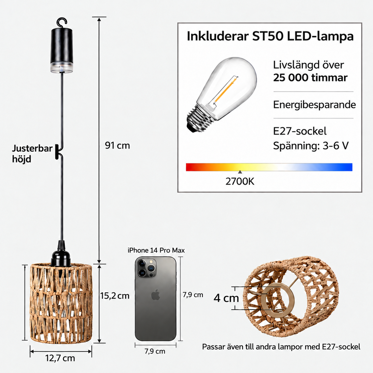 Hängande batteridriven lampa i bambu